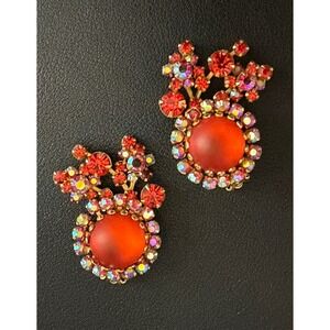 Vintage Rhinestone Earrings Clip Ons Aurora Borealis Gold Tone